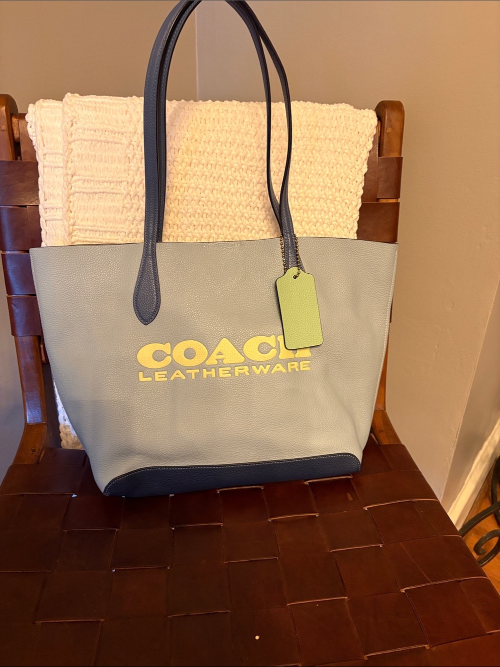 Coach Two-Tone Leatherware Tote in Light blue and Navy with Lime Tag